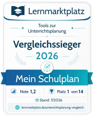 Vergleichssieger 2026: Mein Schulplan, Platz 1 von 14 mit Note 1,2 im Stoffverteilungsplaner-Vergleich von Lernmarktplatz