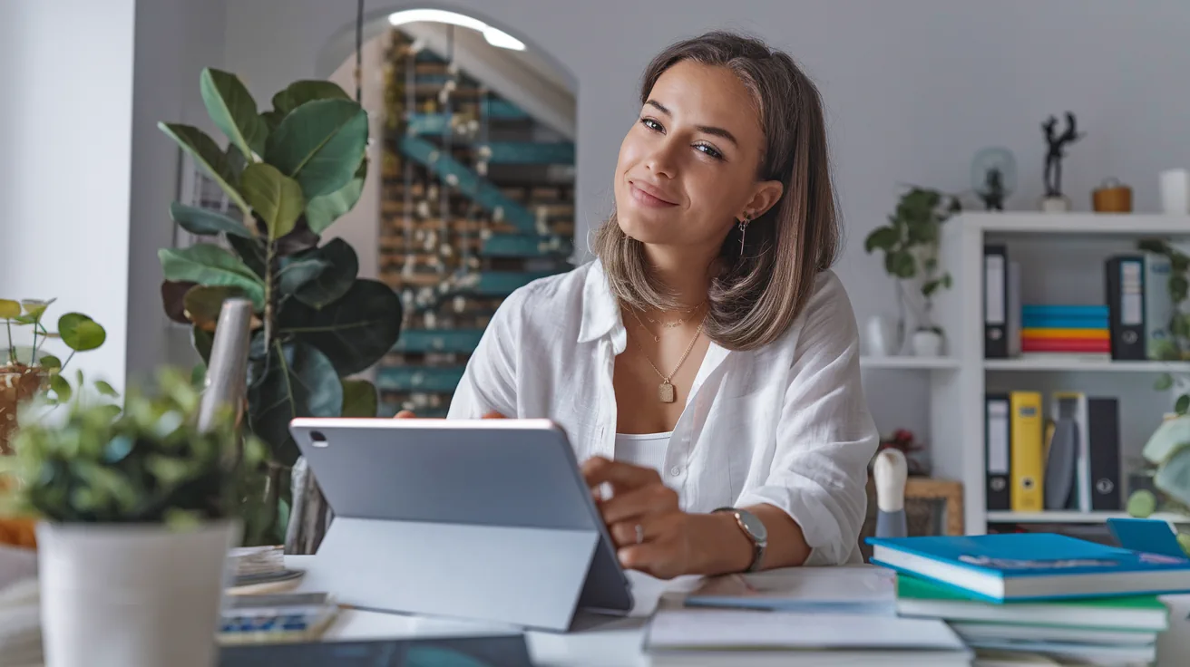 Lehrerin mit Tablet und Tee am Schreibtisch — entspannte Wochenplanung